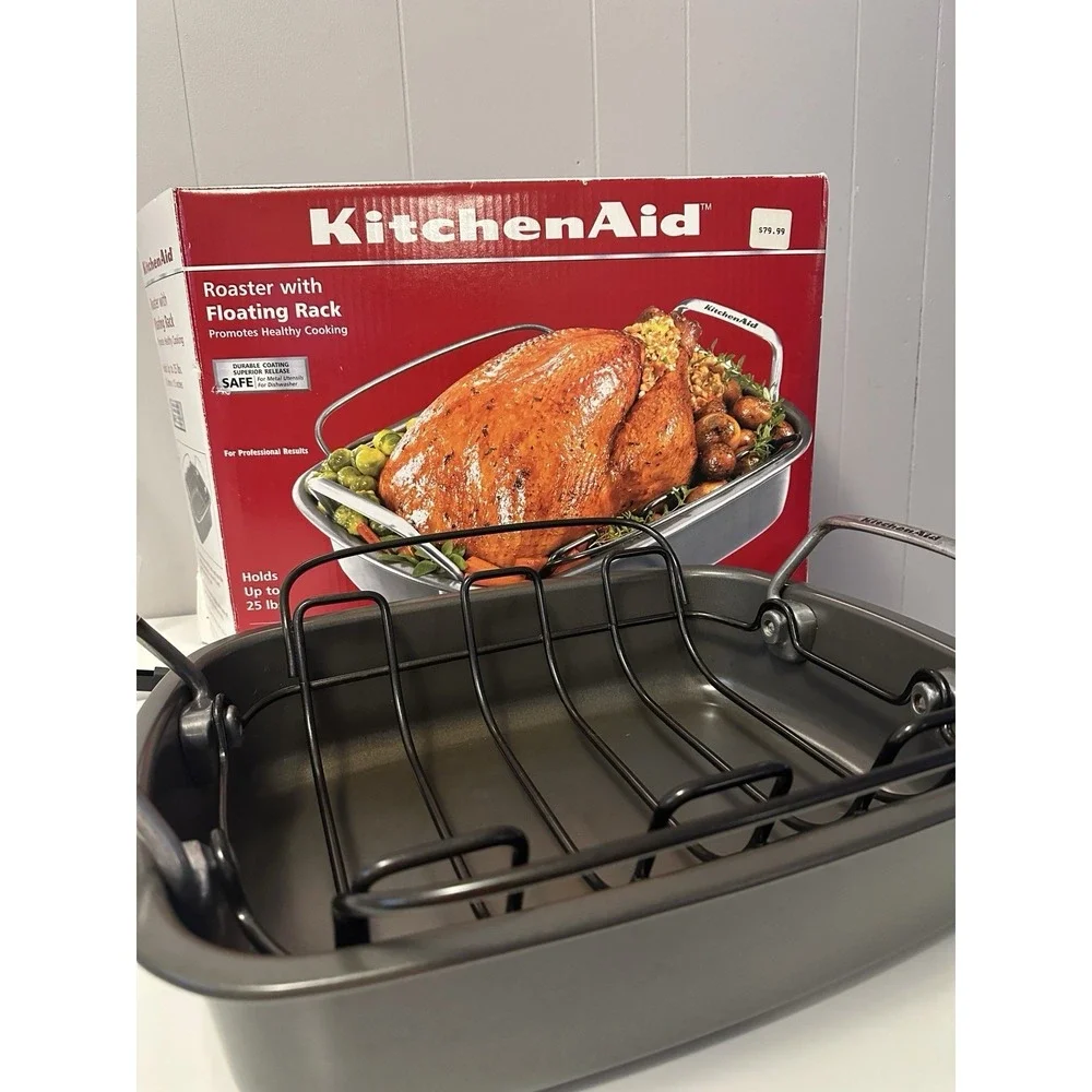 Vintage 2003 Kitchen Aid Roaster Pan w/Floating Rack Non-Stick XL